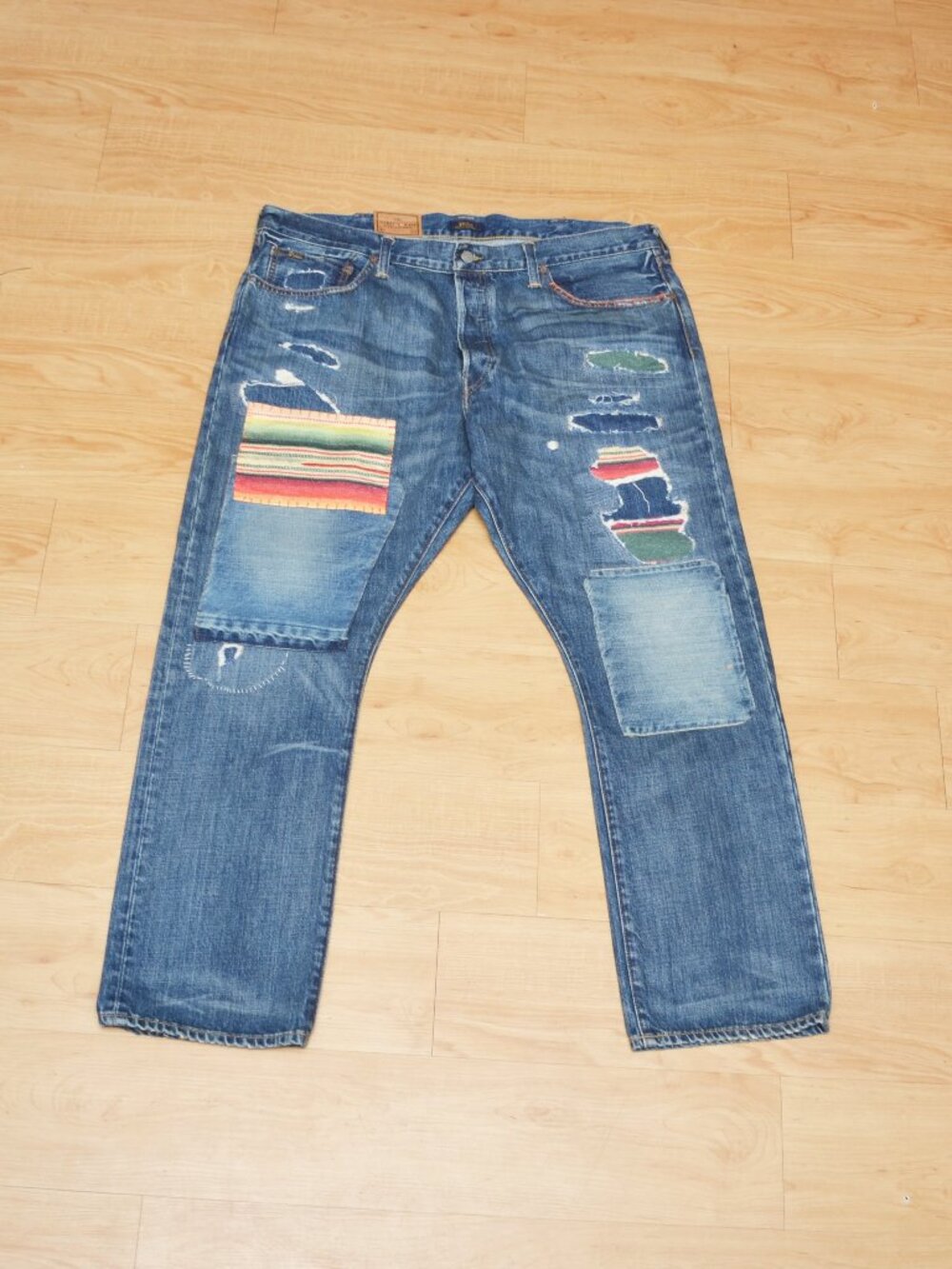 Polo Ralph Lauren Men 40x30 Varick Slim Straight Distress Patchwork Jean BNWT